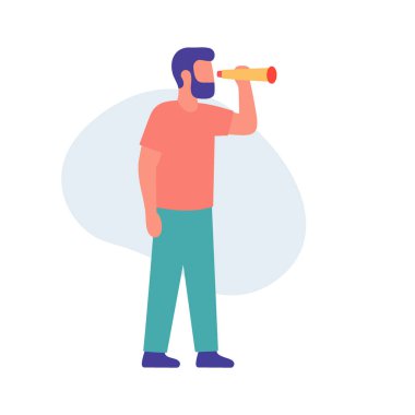 Sıradan giysiler içinde teleskoptan bakan sakallı bir adam. Aramayı, gelecekteki görüşü, keşfi ve keşfi modern tarzda sembolize eden düz vektör illüstrasyonu.