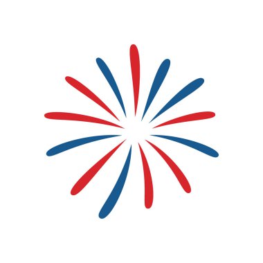 Kırmızı ve mavi elementlerle stilize havai fişek patlaması. Beyaz arkaplanda patlama