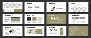 Görev, vizyon, tipografi, renk tonları ve kartvizit modellemeleri için slaytlarla basit bir markalaşma sunumu şablonu. Yaratıcı ajanslar için ideal..