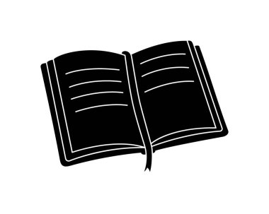 Üzerinde kurdele işareti olan açık bir kitabın düz siyah çizimi. Bilginin sembolü, edebiyat, okuma tutkusu ve klasik hikaye anlatımı..