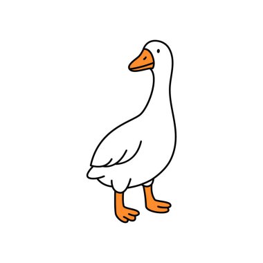Profil görünümünde basit bir kaz çizimi. Gaga ve ayak için parlak turuncu detaylar ve siyah çizgileri olan minimalist çizgi film tarzı vektör.