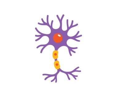 Dallanan dendritleri olan nöron hücresi ve görünür bir akson, oyuncu mor ve turuncu bir şekilde çizilmiş. Biyoloji kitapları ya da eğitim şemaları için harika..