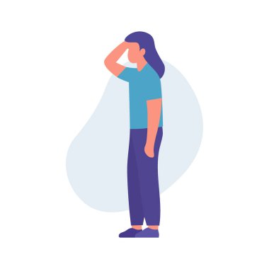 Elleri gözünün üstünde duran, mesafeye bakan kişi. Gözlem, arama ve geleceğe bakışımızı temsil eden düz vektör illüstrasyonu.