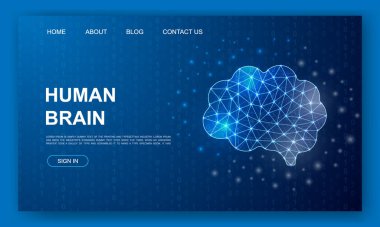İnsan beyni 3d çokgen web sitesi şablonu. Zihin tasarımı çizimi. Ana sayfa afiş tasarımı için düşük polyester organ sembolü. Çokgen düşük poligonal 3D tasarım kavramı