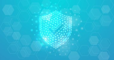 Beyaz noktalı, işaretli, düşük poli sembollü kalkan. Antivirüs geometrik çokgen. İnternet güvenlik tasarımı vektör illüstrasyonu. Düşük polimerli 3D tasarım kavramı