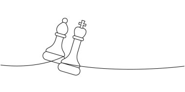 Bir satranç fili ve papazın yatay çizgide yan yana dizilmiş doğrusal çizimi. Satrançta birlik, hiyerarşi ve stratejik ortaklığı sembolize eden asgari sınır sanatı.