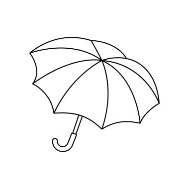 Minimalist açık şemsiye tasviri, kıvrımlı sapı temiz siyah taslak şeklinde. Hava simgeleri, yağmurlu gün grafikleri ya da basit dekoratif vektör sanat tasarımları için mükemmel.