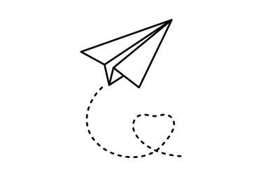 Uçan kağıttan bir uçağın kalp şeklindeki kesik izleri takip eden basit bir vektörü. Temiz tasarımda bağlantı, sevgi, romantizm ve sembolik seyahat temsil eder.