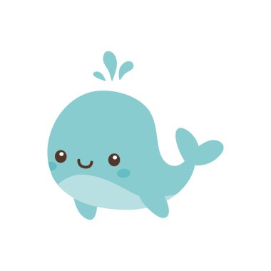 Küçük bir su sıçramasıyla gülümseyen mavi balina. Çocuk tasarımları, deniz hayatı temaları, eğitim projeleri ve okyanus esinlenilmiş dekorasyonlar için harika..