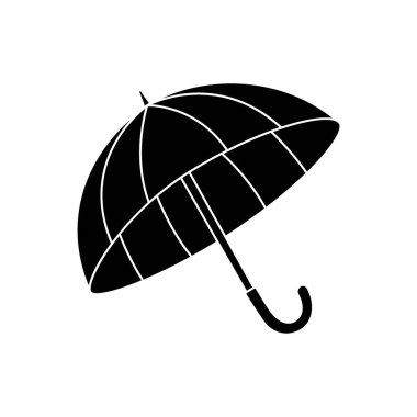 Segmentli bir gölgeliğe sahip modern katı siyah şemsiye simgesi. Basit ve cesur vektör tasarımı hava güvenliğini, yağmuru ve şehir dışı aksesuarlarını sembolize ediyor..