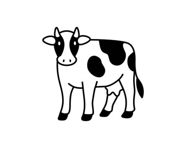 Memeli bir ineğin asgari vektörü. Logolar, tarım malzemeleri, ambalaj veya süt ürünleri markalaşması için siyah ve beyaz taslak biçimi ideal