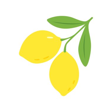 Yapraklı bir dala bağlı iki sarı limon. Temiz, düz bir vektör tarzı. Sağlıklı gıda kavramları, ambalajlar ya da neşeli dekoratif tasarımlar için mükemmel..