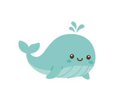 Çizgili göbeği ve su sıçraması olan mutlu bir balinanın büyüleyici düz çizimi. Çocuk kitapları, deniz yaşamı eğitimi ve okyanustan ilham alan yaratıcı projeler için mükemmel..