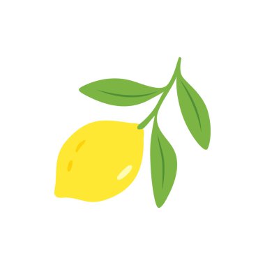 Üç yapraklı bir daldan sarkan bir limonun eğlenceli ve temiz vektör görüntüsü. Basit ve eğlenceli sanat ürünü etiketleri, baskıları veya sağlıkla ilgili tasarımlar için mükemmeldir..