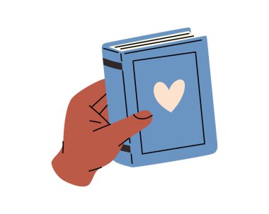 Kapağında kalp sembolü olan mavi bir kitabı tutan bir elin temsili. Minimum, temiz tasarım okuma, edebiyat, romantizm ve eğitim kavramları için mükemmeldir..