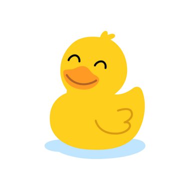 Sarı plastik ördek neşeyle gülümsüyor. Eğlenceli ve şirin vektör tasarımı çocuk çizimleri, eğlenceli baskılar ve banyo temalı dekorasyon için mükemmeldir..
