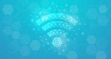 Beyaz noktalı kablosuz ağ düşük poli sembolü. İnternet bölgesi geometrik çokgeni. Bağlantı tasarımı vektör illüstrasyonu. Düşük polimerli 3D tasarım kavramı