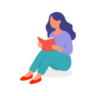 Uzun saçlı, çapraz bacaklı ve kırmızı kitap okuyan bir kadın karakter. Düz tasarımda sakin ve rahat duruş, yaşam tarzı, eğitim ve okumayla ilgili içerik için ideal.