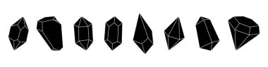 Siyah kristaller. Değerli taşlar ve elmaslar. Gemstone, ametist, yakut, safir, zümrüt, topaz ve kuvars. Vektör çizimi. Beyaz arkaplanda izole