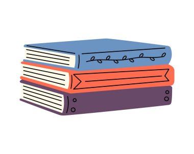 Yapraklar ve afişler gibi dekoratif unsurlarla dolu üç kitabın düz vektör çizimi. Edebiyat, günlük ya da görsel çalışma için ideal renkli ve yaratıcı stil.