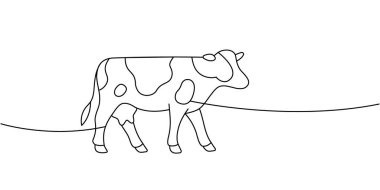 Tek sıra halinde çizilmiş yürüyen inek illüstrasyonu. Organik markalaşma, tarım ürünleri ya da modern çizgi sanatı için mükemmel.