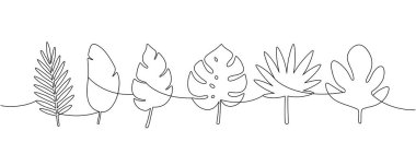 Tropikal yaprakların minimalist çizimi. Botanik, orman ve yaz temalı baskılar, posterler, markalaşma ve vektör grafik projeleri için kesintisiz çizgi sanatı mükemmeldir..