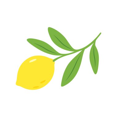 Flat vector drawing of a single ripe lemon with four green leaves, perfect for organic design, kitchen art, or fruit-themed packaging. Clean and bold composition.