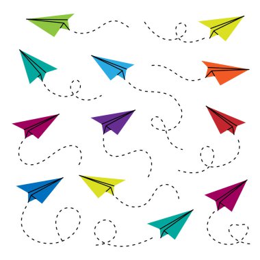 Parlak vektör tasarımı, çizgili uçuş çizgileri olan çok renkli kağıt uçaklar içeriyor. Yaratıcılık, çocukluk ve dinamik hareket gibi temalar için eğlenceli ve enerjik kompozisyon.