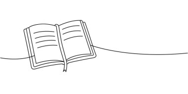 Ortasında kurdele olan açık bir kitabın soyut çizimi. Hikaye anlatımını, okuma anlarını ve kitaplarla kişisel gelişimi sembolize eden basit bir görünüm çizimi.