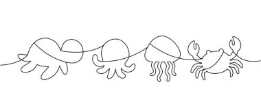 Minimum sürekli okyanus hayvanları - kaplumbağa, ahtapot, denizanası ve yengeç. Basit siyah çizgili siluetler çocuk projeleri, deniz dekorasyonu, baskılar ve kırtasiye malzemeleri için mükemmeldir..