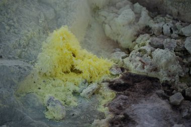 Sarı volkanik sülfür kristalleri ve buhar