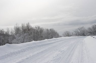 Kar, güneşli kış sabahında tek şeritli köy yolunu kaplamıştı.