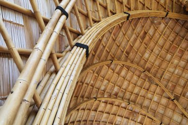 Bambu sırık yapısı. Naylon iplerle bağlanmış birkaç bambu gövdesine yakın çekim, seçici odaklı geleneksel bir çevre dostu ev ya da kulübe için sırık olarak kullanılacak..