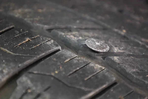 Screws Car Tires Closeup Car Tire Punctured Metal Screws Tire — Stock Photo, Image