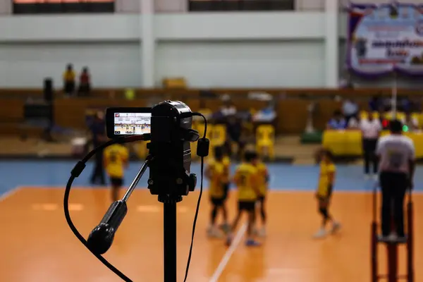Live video camera display. Video camera showing images of youth sports events on the field in live streaming with copy space with selective focus.