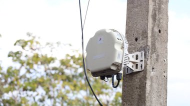 Kutuptaki erişim noktası. Yeşil ağaç arka planında çimento direğine monte edilmiş Wi-Fi mobese kameralarını, kablosuz erişim noktalarının olduğu beyaz plastik kutuyu kapatın. Seçici odak