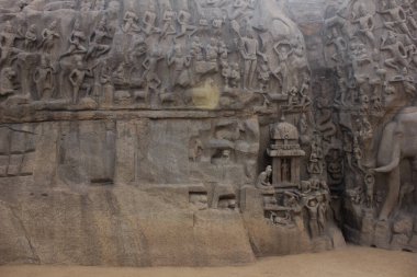 Arjuna 'nın Mahabalipuram Hindistan' daki kefaretinde fil heykelleri. Granit üzerine oyulmuş fil heykeli. UNESCO Dünya Mirası sahası.