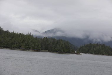 Juneau, Alaska 'da bir limanda, kar kaplı bir dağ ve arka planda alçak bir sis bulunan bir yolcu gemisi.