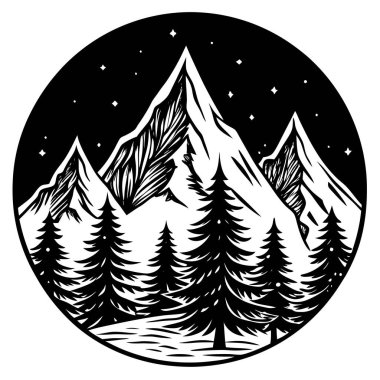 El çizimi dağ tasarımı Illustration ve çam ağaçları