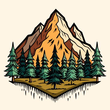 El çizimi dağ tasarımı Illustration ve çam ağaçları
