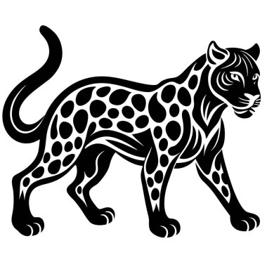 Minimalist leopar logosu beyaz arka planda parlak bir siluet, somut güç ve çeviklik.