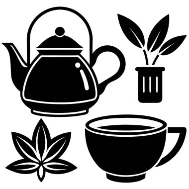 Set of match tea icons featuring a teapot with green tea, a tea cup, and an herbal tea logo clipart