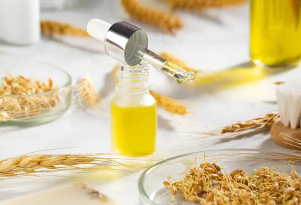 Bottle of body oil with a dropper. A conceptual composition of wheat essential oil, a bath brush and wheat germ on a marble table. Wheat serum oil for skin and hair care. Self-care, spa and wellness.