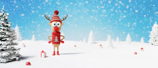 以可爱驯鹿为背景的寒假3D渲染3D插图 — 图库照片