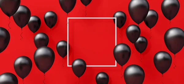 Kırmızı Arkaplanda Boş Bir Çerçeve Oluşturun Siyah Balonlarla Kutlama Yıldönümü — Stok fotoğraf