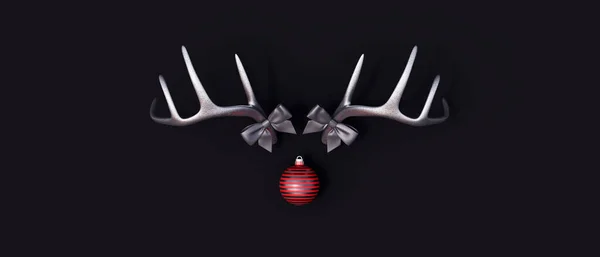 Серебряные Рога Северного Оленя Красный Рождественский Шар Черном Фоне Концепция — стоковое фото