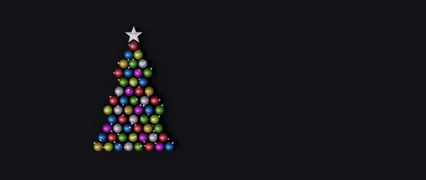 圣诞树是由五彩缤纷的圣诞球做成的 带有复制空间3D的黑色背景假日概念渲染3D示例 — 图库照片