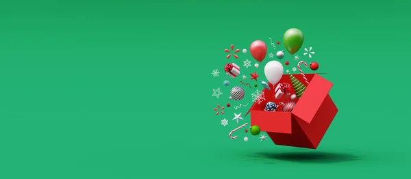クリスマスの装飾と風船はコピースペース3Dレンダリング3Dイラストで緑の背景の箱からポップアウト — ストック写真