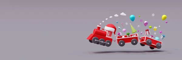 Treno Rosso Carri Saltano Con Regali Decorazioni Natalizie Sfondo Grigio — Foto Stock