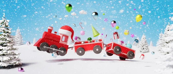 Червоний Поїзд Вагони Стрибають Подарунками Різдвяними Прикрасами Засніженому Ландшафті Щасливі — стокове фото